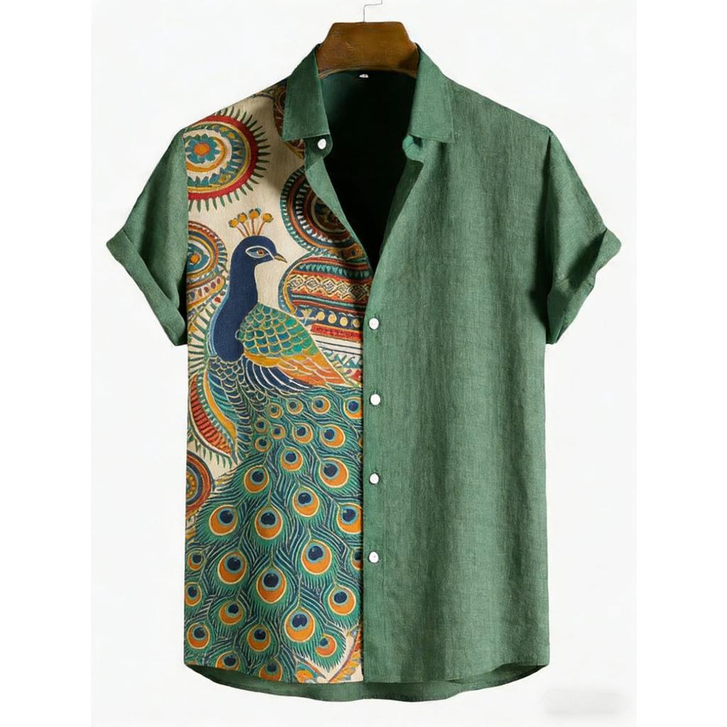 2026 Men's Green Plant Ethnic 3D Printed Shirt, Linen Fabric Short Sleeve Shirt, Hawaiian Vacation Social Party Clothing for Men