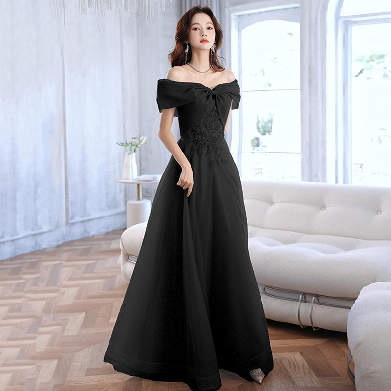 One-word shoulder evening dress 1011 new summer temperament French style host blue feeling banquet dress