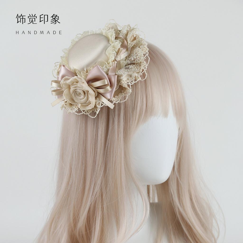Cute and Sweet Top Hat Flower Ball Lace Rose Jewelry Original Handmade Lolita Headband