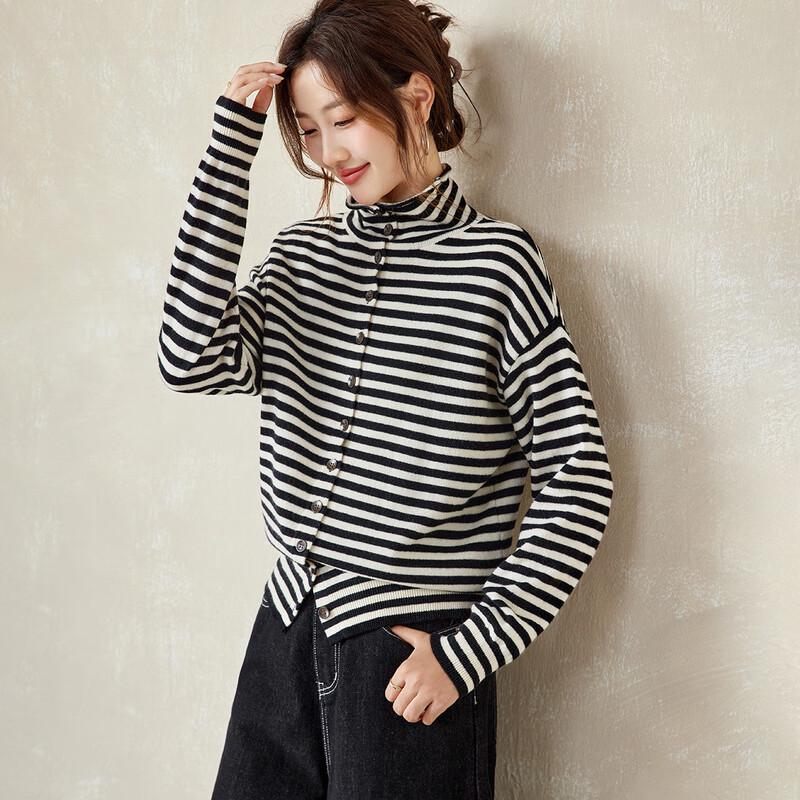 Srcr Women's 100% Merino Wool Striped Knit Cardigan