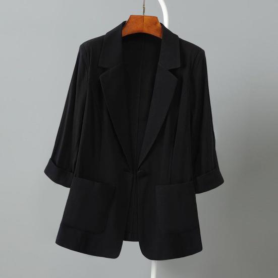 Women Summer Suit Coat Lapel 3/4 Sleeve Slim Fit Casual Jacket Single Button Flap Pockets Solid Color Sunscreen Coat