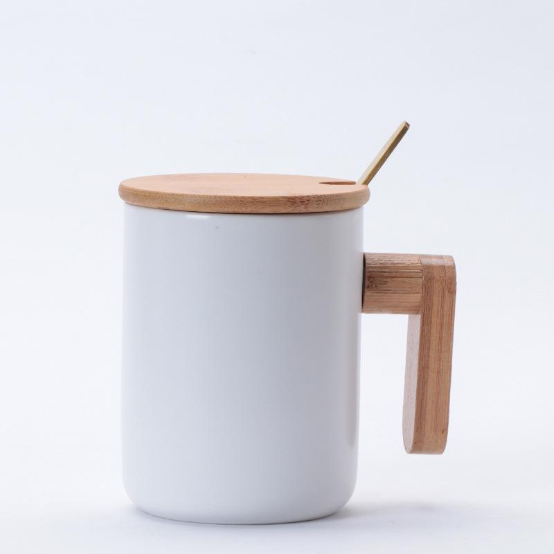 Nordic Wooden Handle Ceramic Mug Office Water Cup Business Event Gift White Porcelain