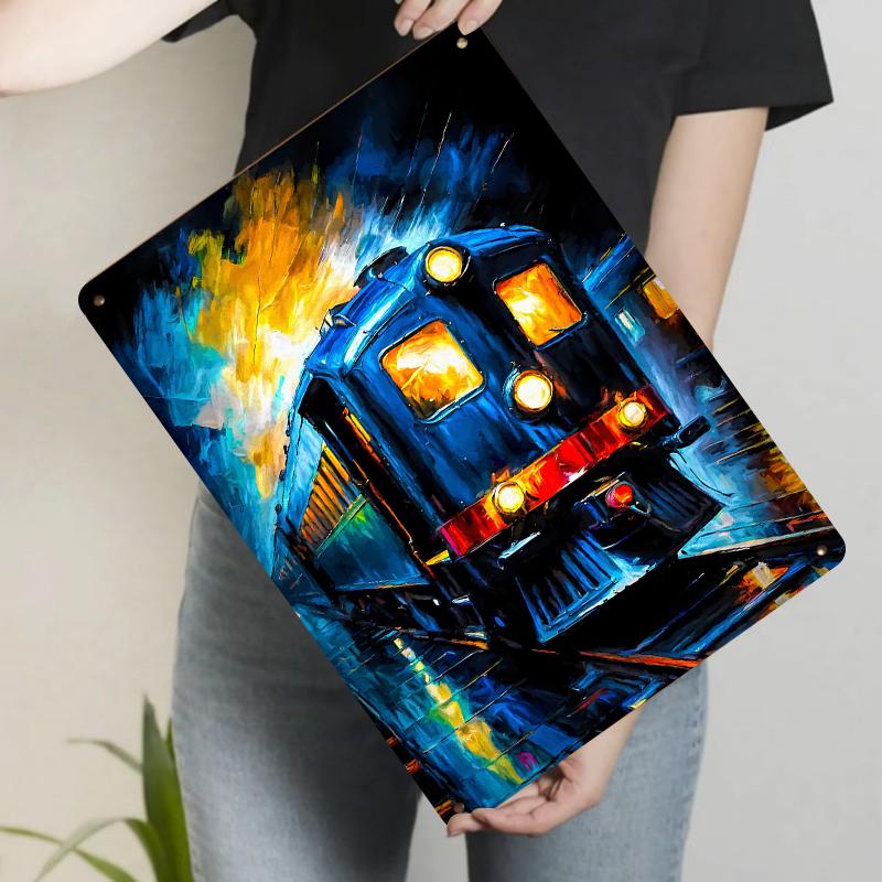 

Vintage Locomotive Night Scene Oil Painting Style Custom Metal Tin Sign Home Wall Decor for Living Room Study Bar 20x30cm（7.8x11.8inch）