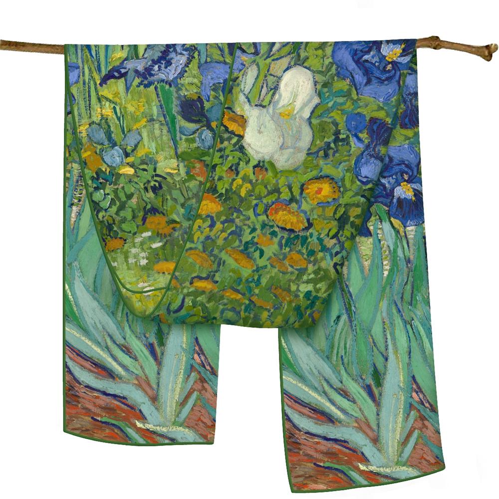 POBING Twill Silk Scarf Women Poncho Hand Rolled Luxury Oil Painting Long Scarves Wraps Bandana Big Shawl Hijabs Female Foulard