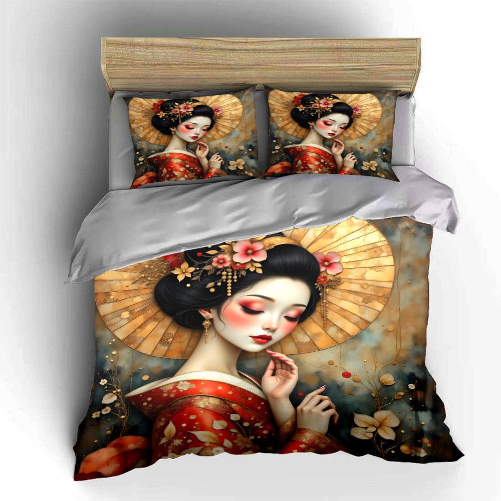 Elegant Geisha with Golden Background Print Bedding Set 1 Duvet Cover 2 Pillowcases for Adult and Children Luxury Gift