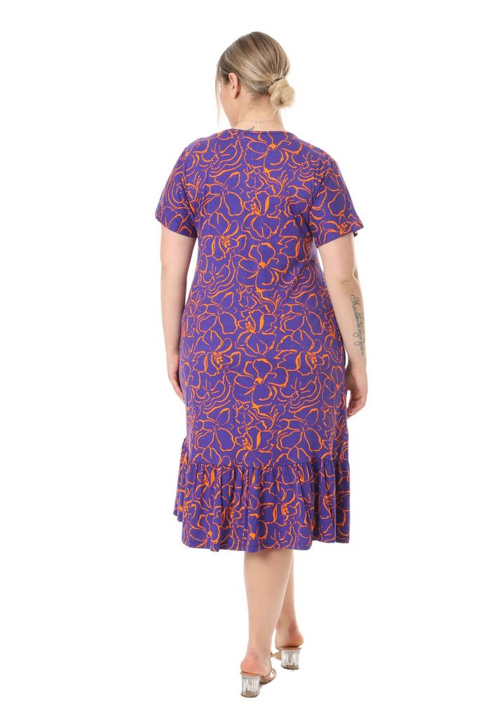 Women's Big Size Dress Purple Floral Pattern V-Neck Short Sleeve Ruffle Robe Dress