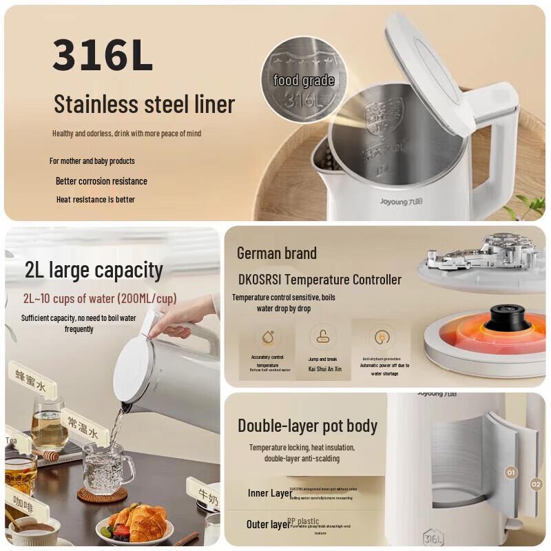 Joyoung 2L Electric Kettle with 316 Stainless Steel Interior CN plug (adapter included)