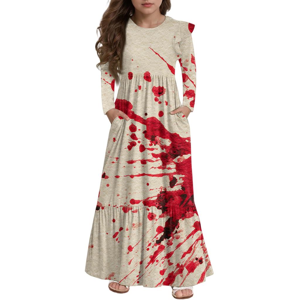 Girls' Tiered Ruffle Dress Halloween Day - Long Sleeve Printed Maxi With Pockets