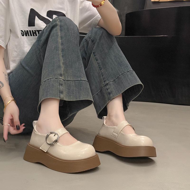 With skirt Mary Jane shoes, new spring and summer muffin platform single shoes, white one-word buckle strap small leather shoes