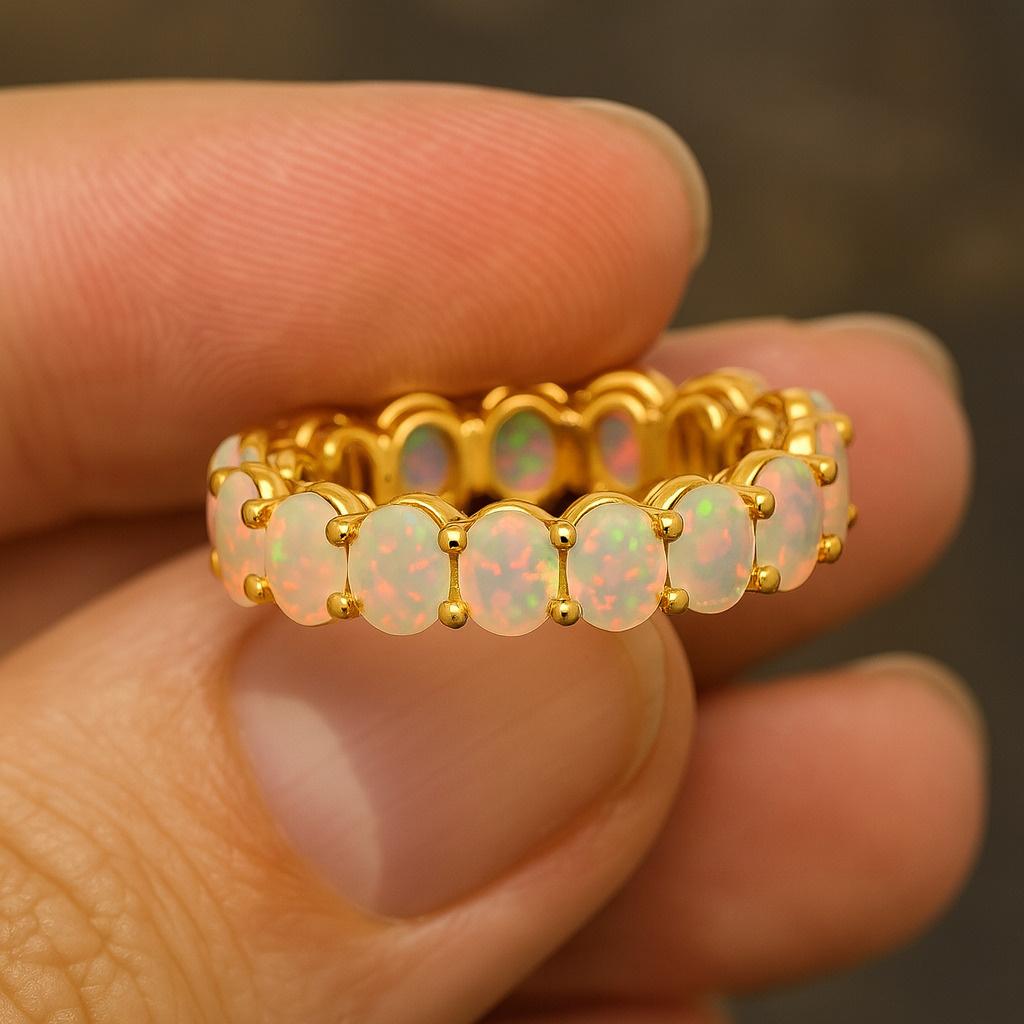 Ethiopian Opal Eternity Ring – 925 Sterling Silver Full Eternity Band, October Birthstone Ring, Handmade Proposal Ring, Personalized Gift for Her