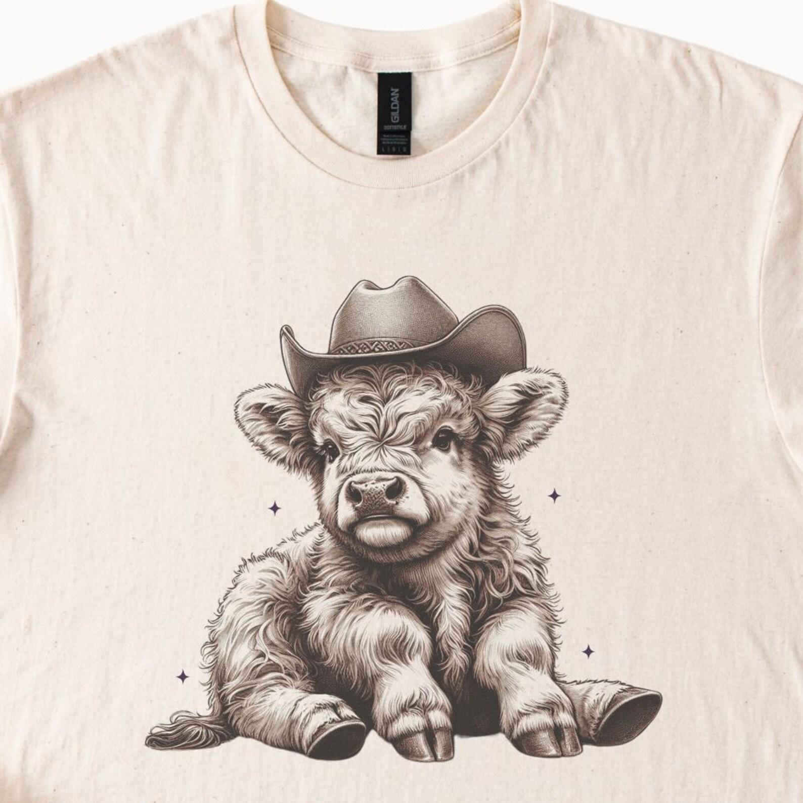 Highland Cow T-Shirt, Baby Cow Graphic Tee, Adorable Animal Shirt, Casual Farm Theme Top, Western Style Cow Print 140