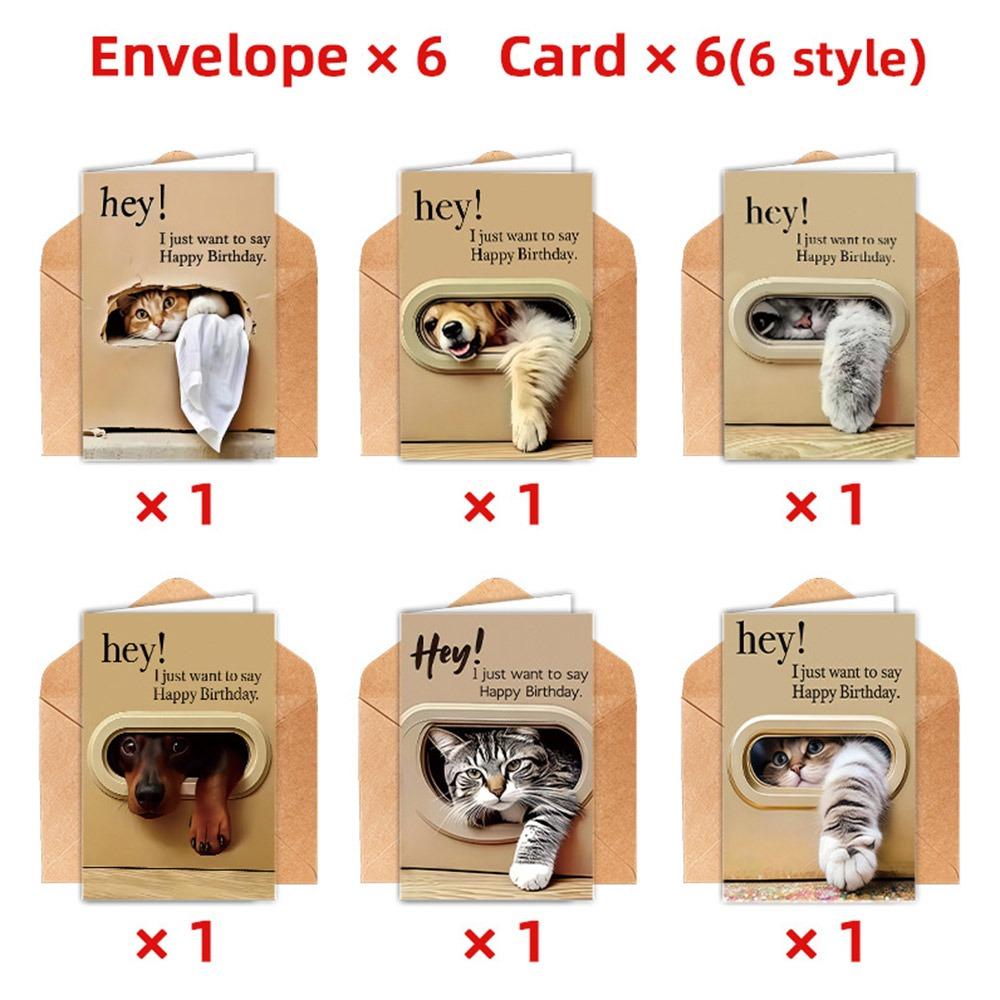 Cartoon Cat Happy Birthday Cards Playful Design Congratulation Cards Greeting Cards  for Friends 6cards+6envelope