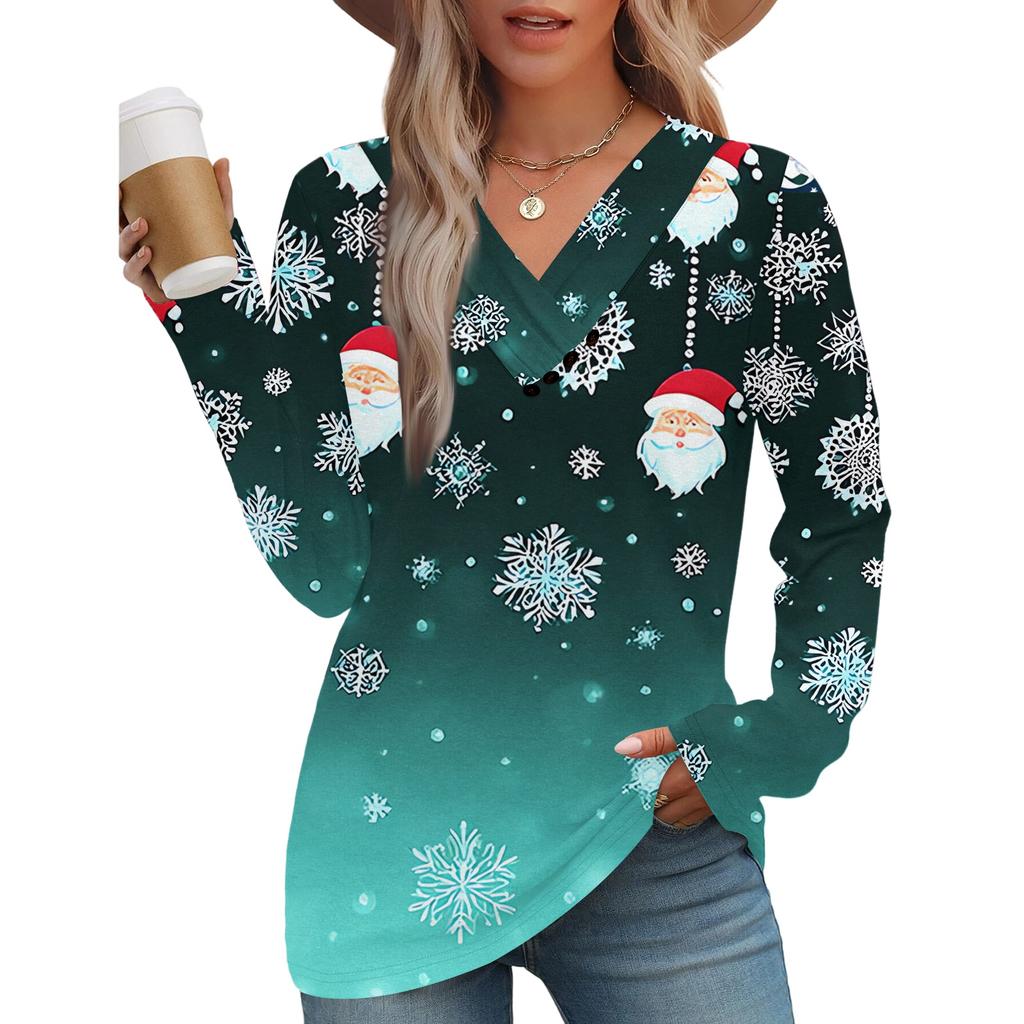 Women's Fashion Casual V-neck Pleated Christmas Long Sleeve Top