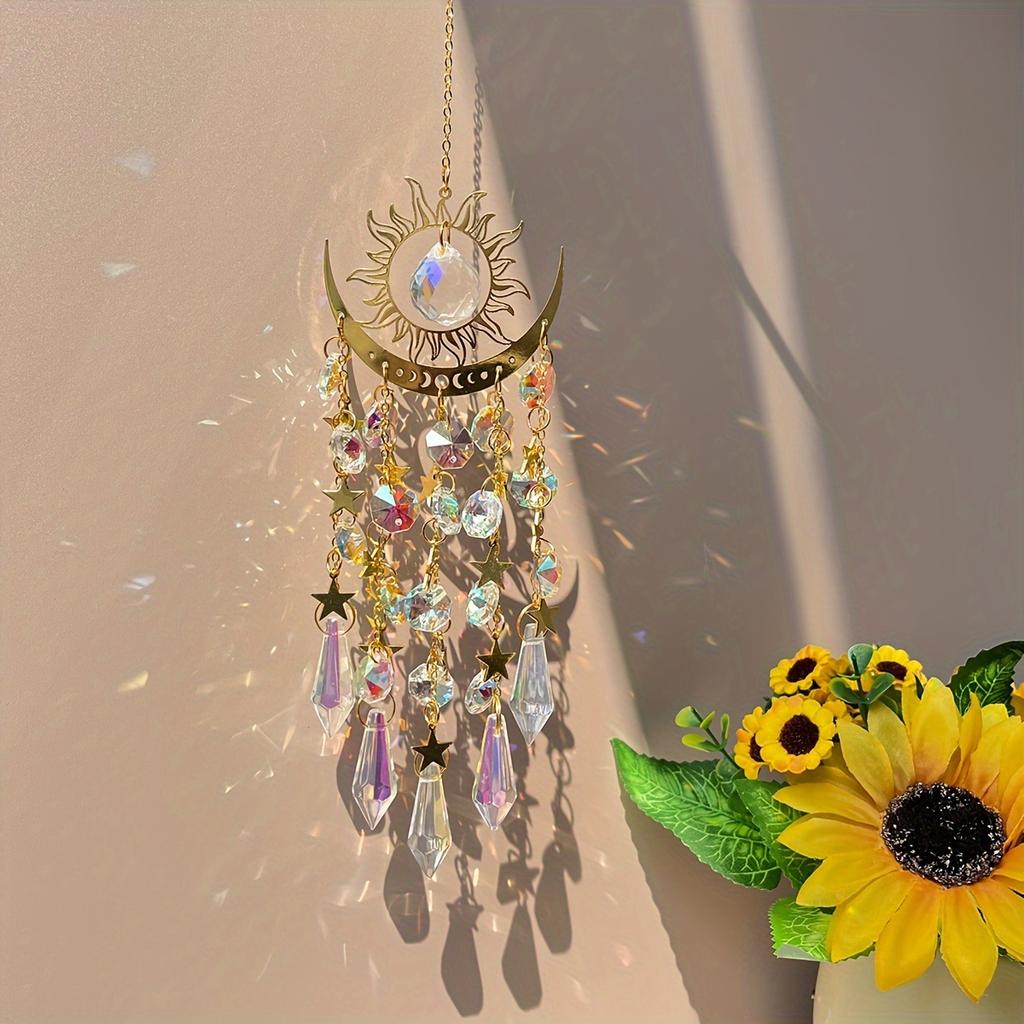 1pc Gold Flame Moon Crystal Pendant Sunlight Catcher Outdoor Garden Ab Colourful Hanging Decorations Hanging Ornaments