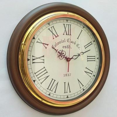 Antique Style Wooden Wall Clock Brass Ring Coffee Brown,40.64 Cm