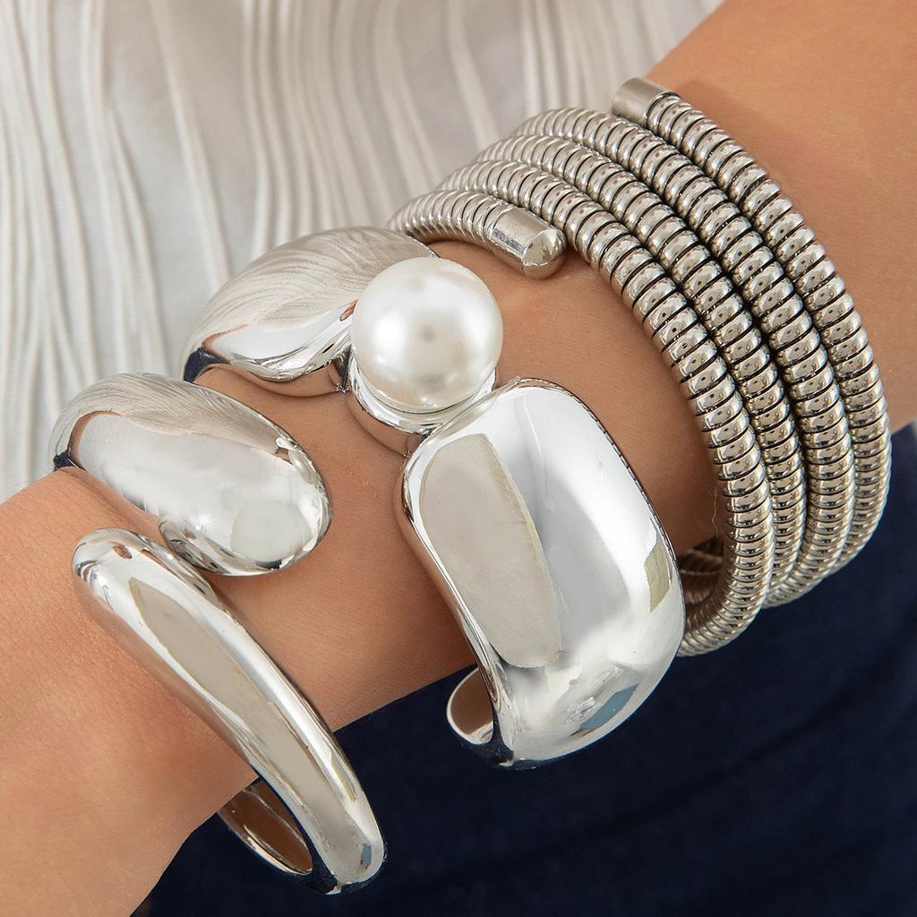 Accessories, geometric metal exaggerated bracelets, multi-layer pearl beaded bracelet set