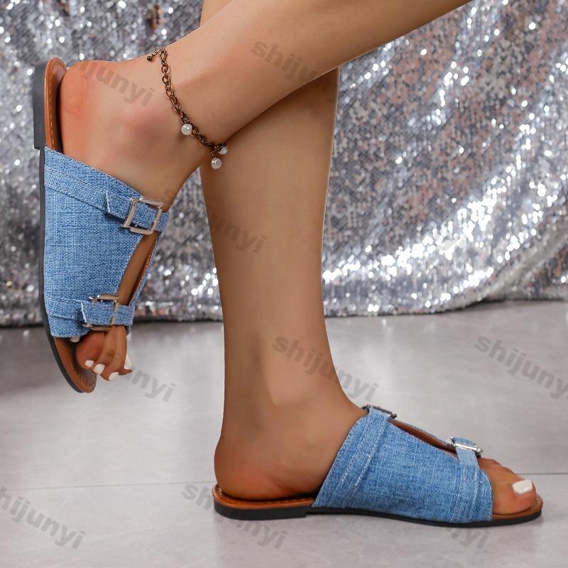 Fashion 2025 Summer New Women's Roman Style Solid Buckle Strap Design Flat Bottom Cool Slippers Comfortable Lightweight Fashion Sandals