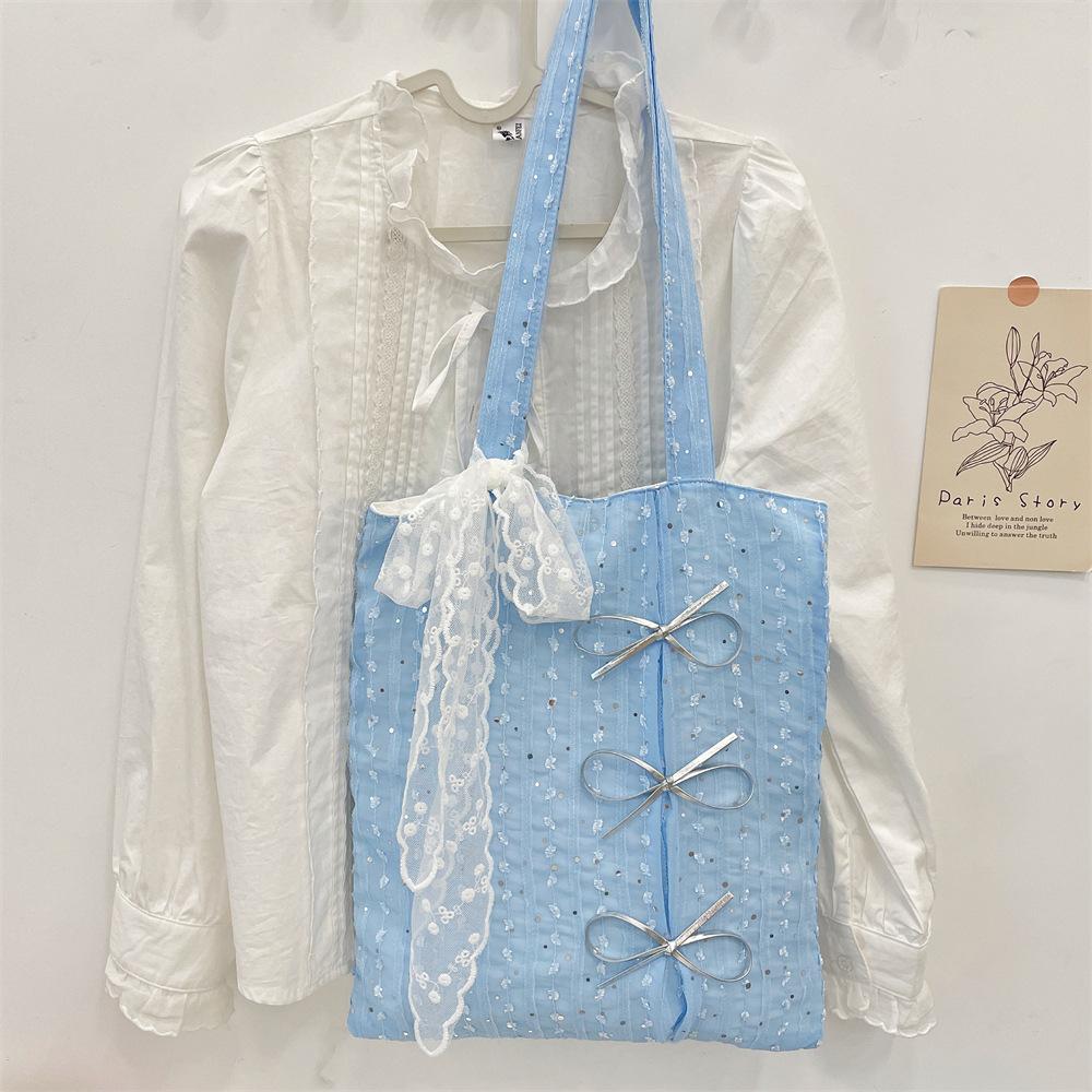 New Summer Sequins Gentle Bow Handbag Women's Large-capacity Shoulder Bag Going Out Canvas Bag