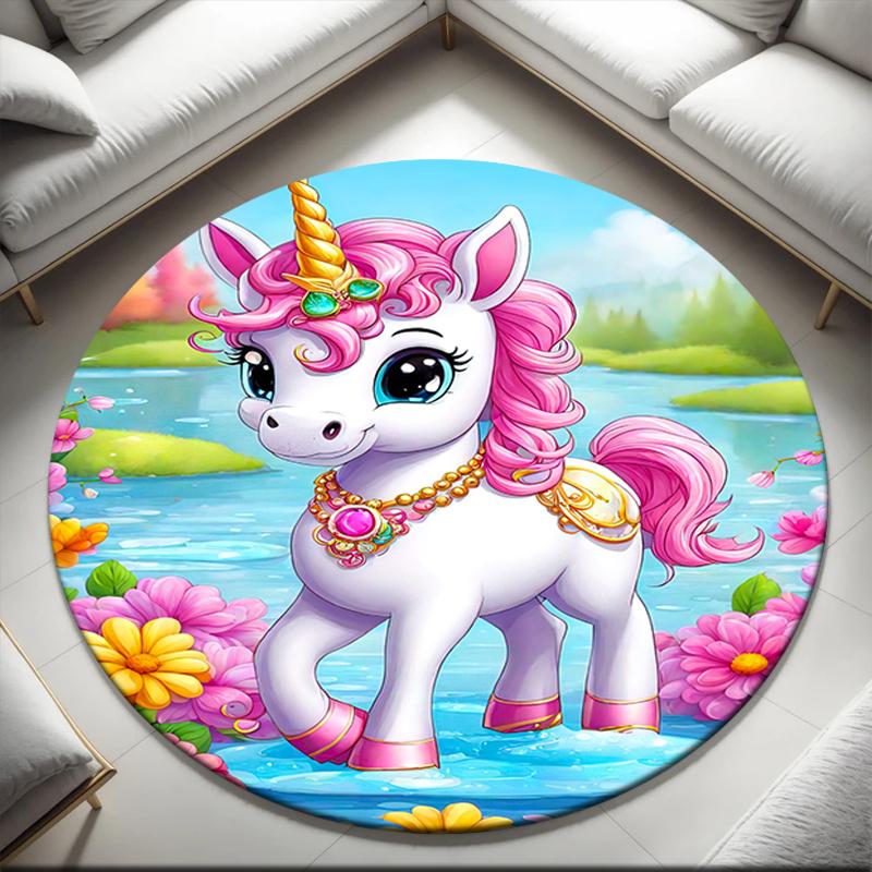 

1pc Pink Sweetheart Unicorn Round carpet Painted Printed circular carpet, home door mat, outdoor travel protection carpet 80x80cm( 31x31in)