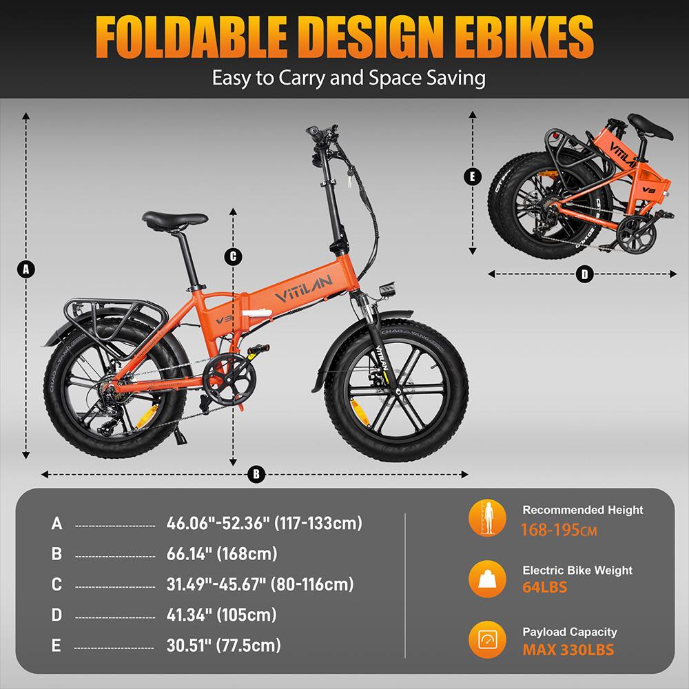 Electric Bicycle Vitilan V3 1200W Peak Motor 20" Fat Tire Foldable Electric Bike For Adult 48V 13AH LCD Display 7 Speed