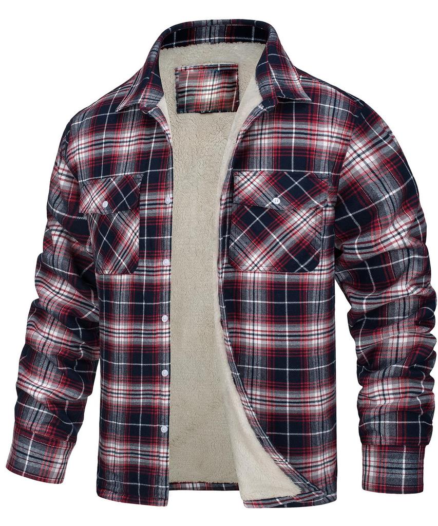 Men's 2023 Fleece-Lined Plaid Jacket - Long-Sleeve, Turn-Down Collar, Single-Breasted, Loose Fit