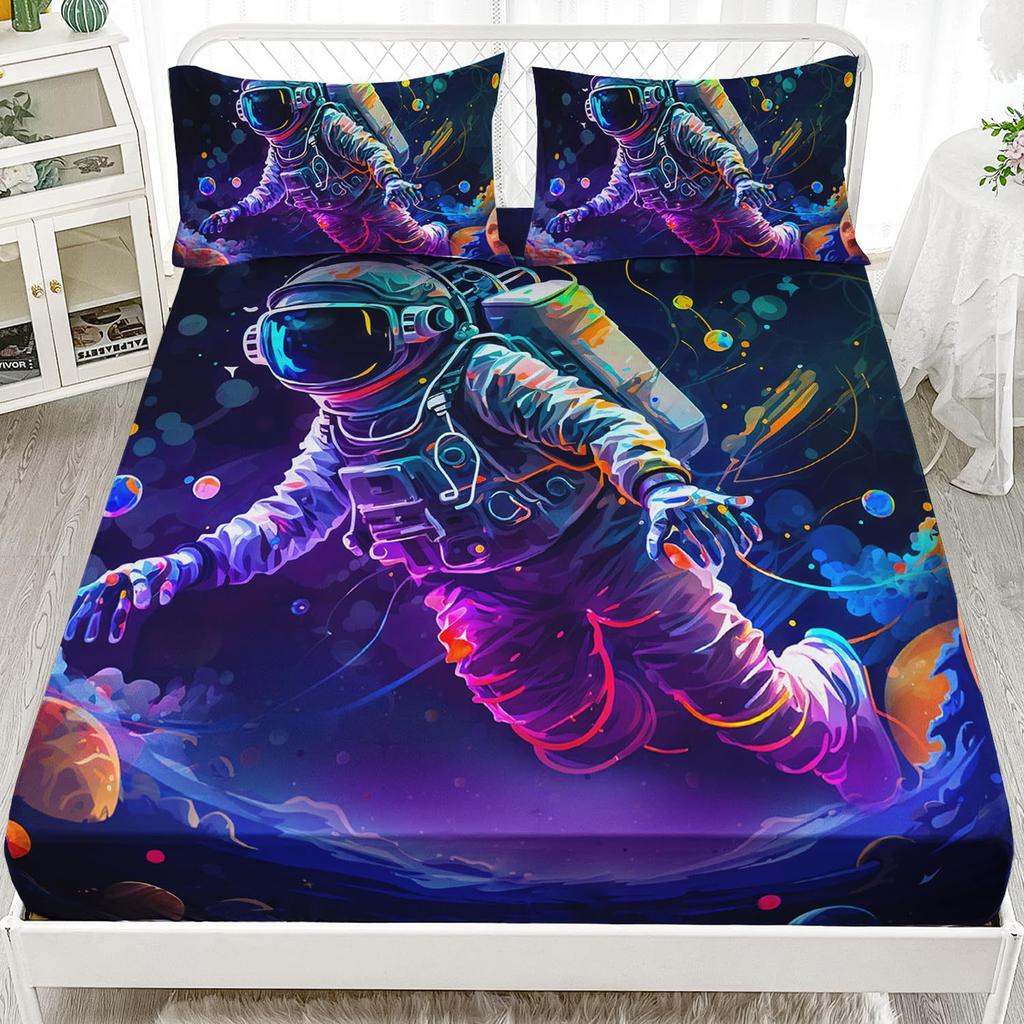 Cat Astronaut Pattern Mattress Three-Piece Digital Printing Mattress Bedding Set Adult Children