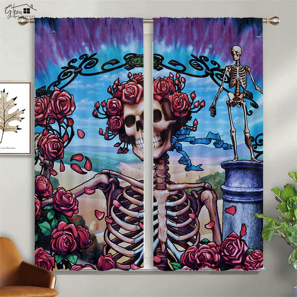 Blackout Insulation Curtains Floral Skull Print Curtains Suitable for Halloween Restaurant Living Room Party Decoration Curtains