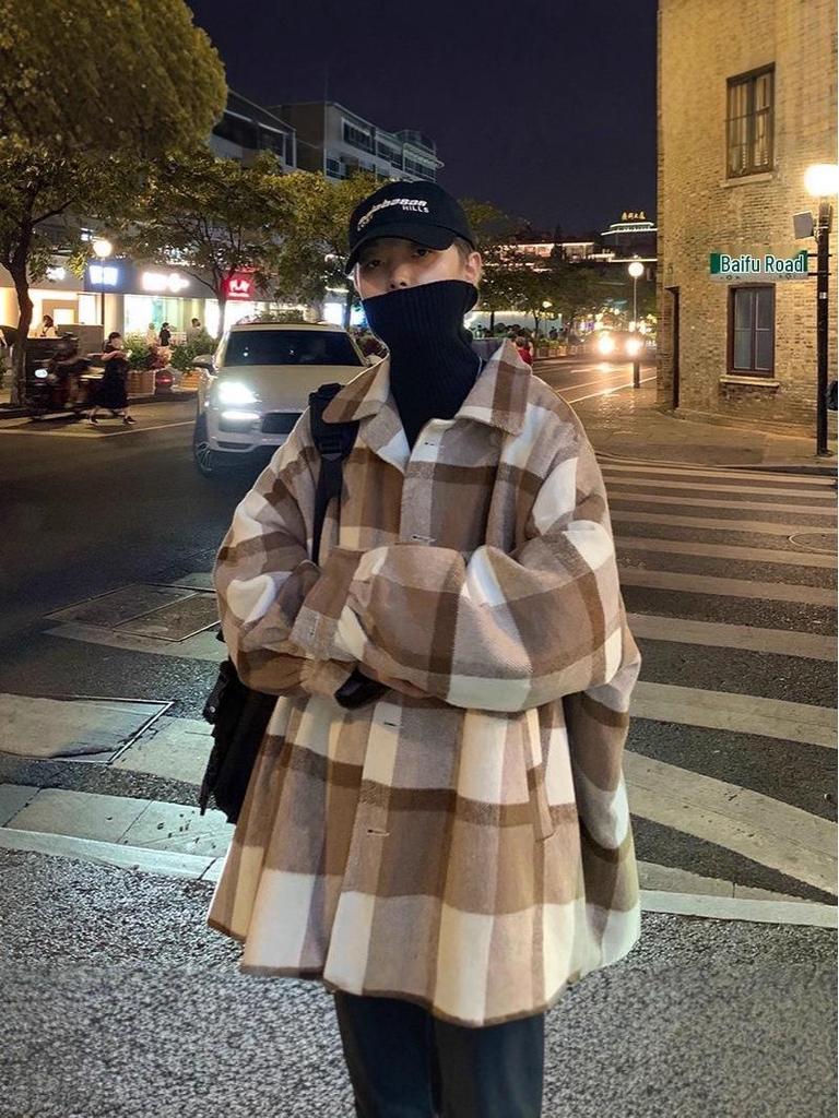 Men's Mid-Length Winter Plaid Wool Coat - Trendy Loose-Fit Windbreaker Jacket