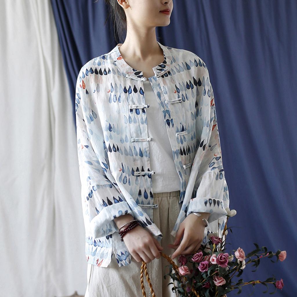 Johnature Chemises en ramie de style chinois pour femmes, chemisiers à imprimé floral de style chinois, chemises à manches longues et boutons pour femmes