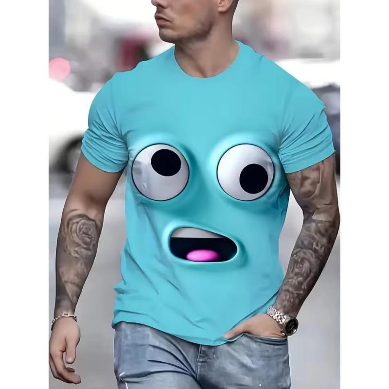 Men's Summer Plus Size Comfortable Casual 3D Unique Expression Printed T-shirt- Soft Medium Stretch Polyester Fabric Summer Mens Relaxed Fit Clothing