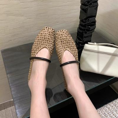 Zachte fly-knitting~ Leren hol geweven mesh enkele schoenen dames zomer nieuw enkelband platte Mary Jane sandalen