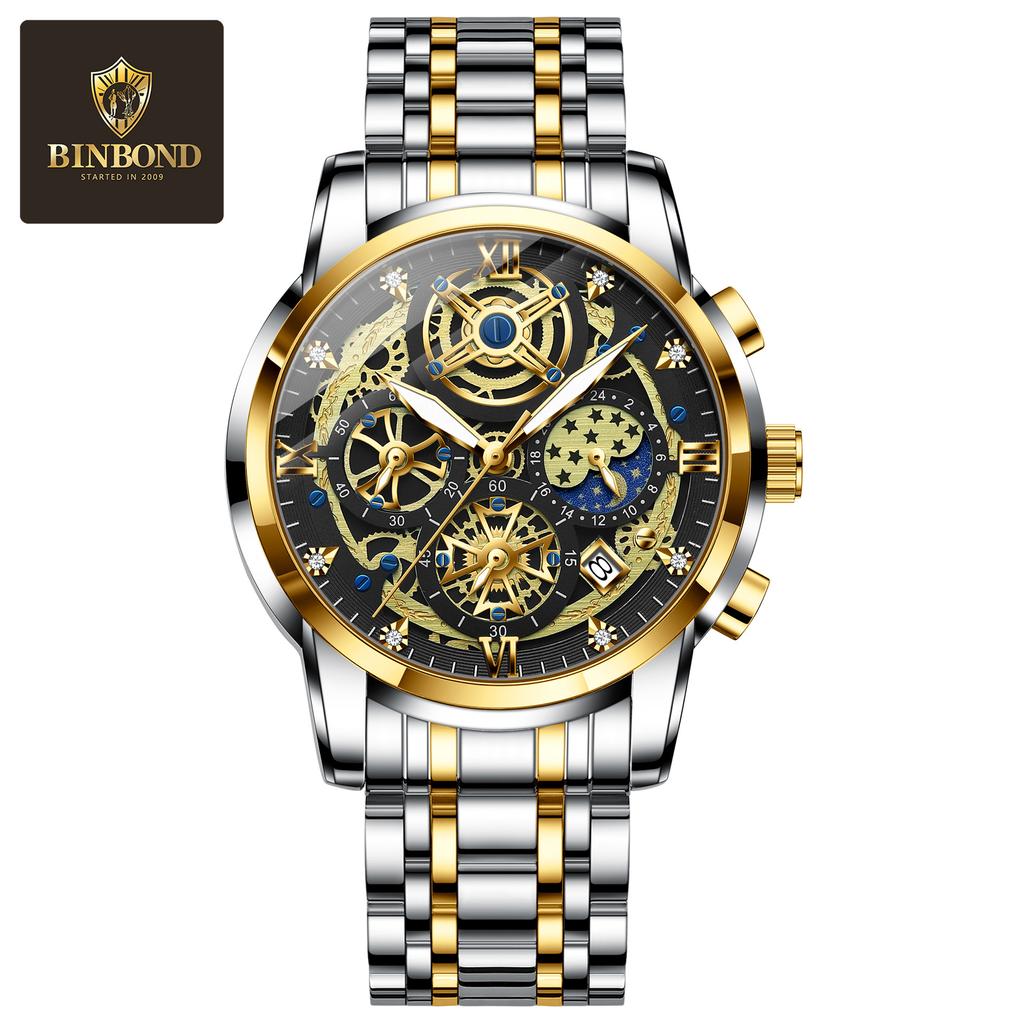 BINBOND Luxury Men's Quartz Watches Stainless Steel Date Chronograph Men Wristwatch Waterproof Luminous Fashion Man Watch