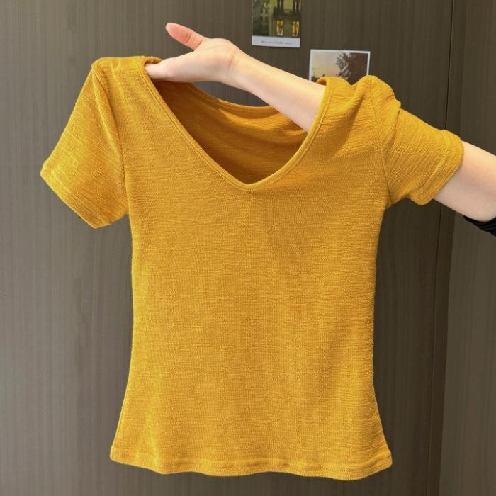 Pure Desire Sexy V-neck Front Shoulder Short-sleeved T-shirt Women's Summer 2026 New Slim-fit Korean Version of Texture Short Top and Clothing