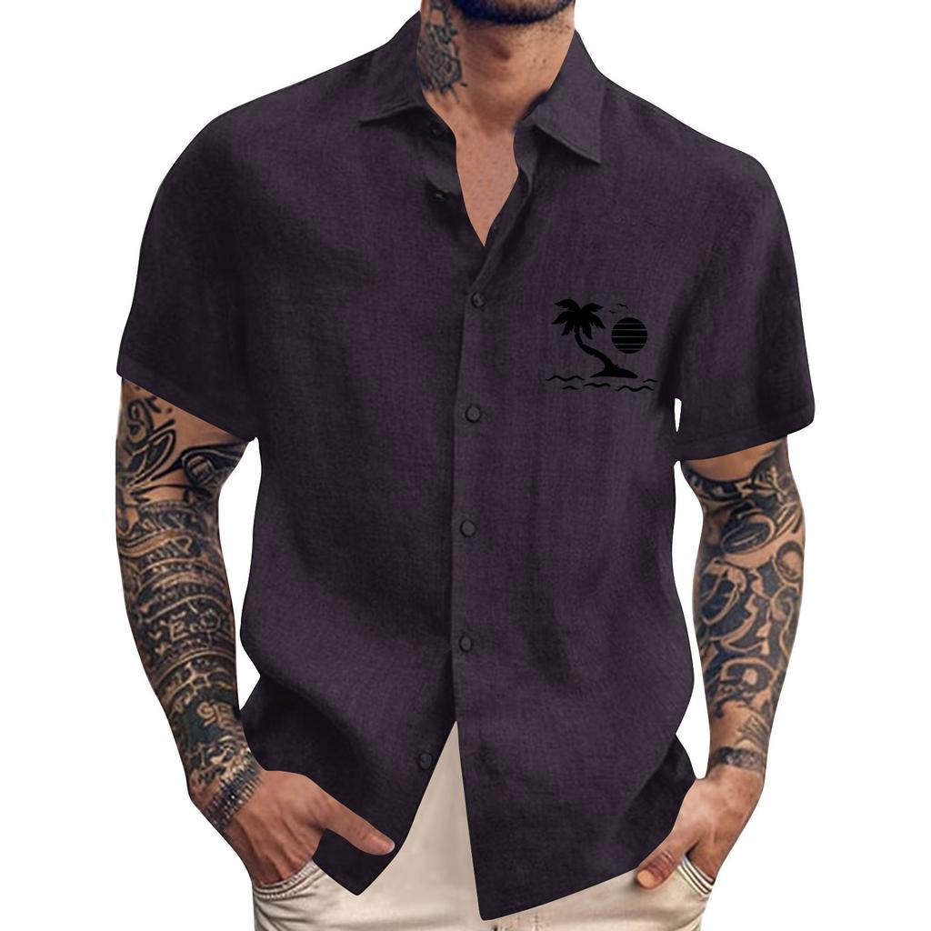 Men's Vintage Button Down Bowling Shirts Short Sleeve Summer Beach Shirt