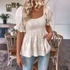 Womens Short Puff Sleeve Square Neck Smocked Peplum Blouse Casual Loose Fit Tiered Ruffle Hem Top for Daily Wear