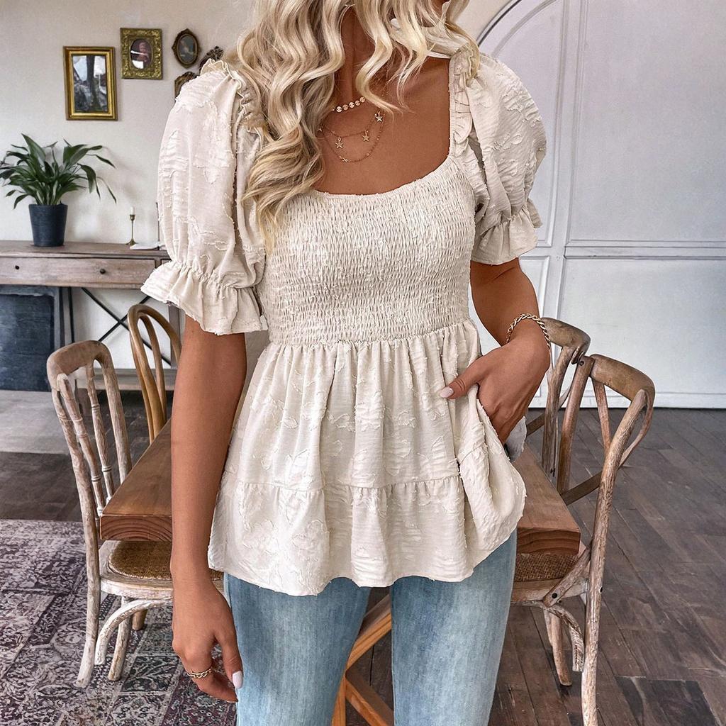 Womens Short Puff Sleeve Square Neck Smocked Peplum Blouse Casual Loose Fit Tiered Ruffle Hem Top for Daily Wear