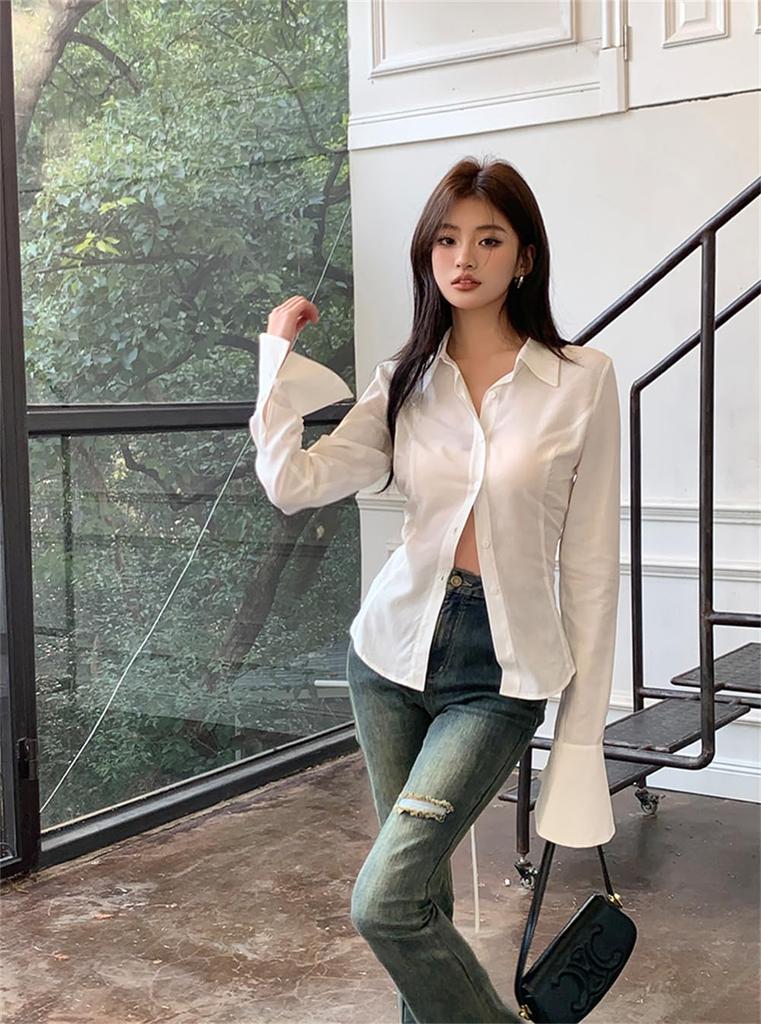 PTORGE White Dress Solid Long Sheer Flared Y2K Street Style Women's Shirt, Color, Turn-Down Collar, Sleeve, Shirt, See-Through Blouse, Open-Collar