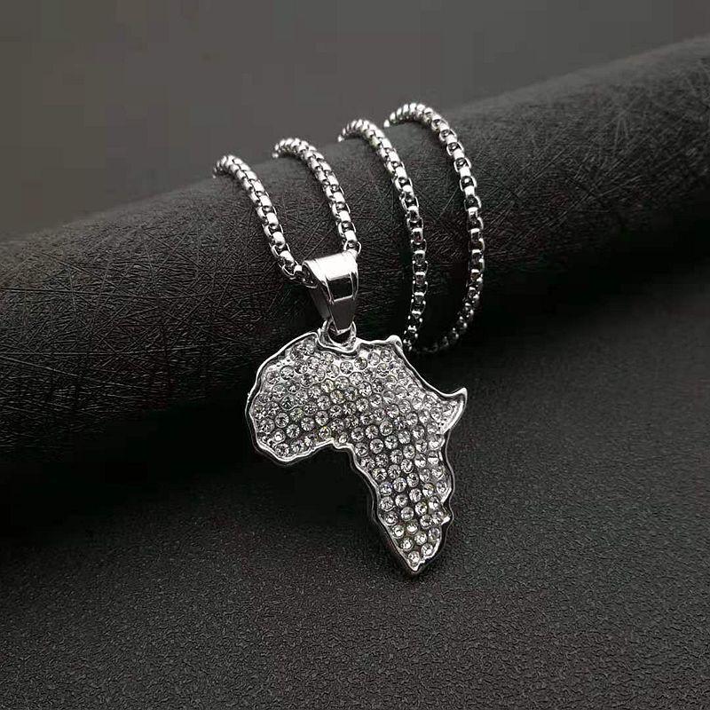 Africa Map Iced Out Chain Rhinestone Crystal Map Necklace Stainless Steel Africa Map Pendant Necklace for Unisex vintage