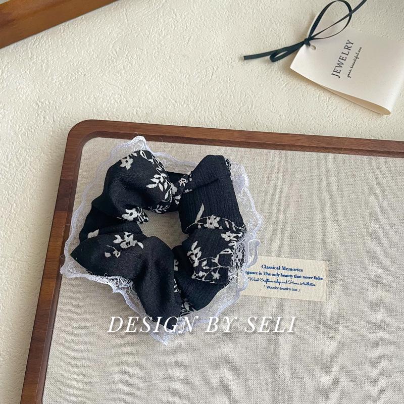 Medium Floral Ink Wash Lace Hair Tie - Elegant French Style Accessory for Girls