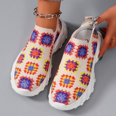 Fashion Fashion Painted Knitted Sneakers Women's Summer 2024 Breathable Mesh Slip-On Thick Sole Casual Flats Women's Tennis