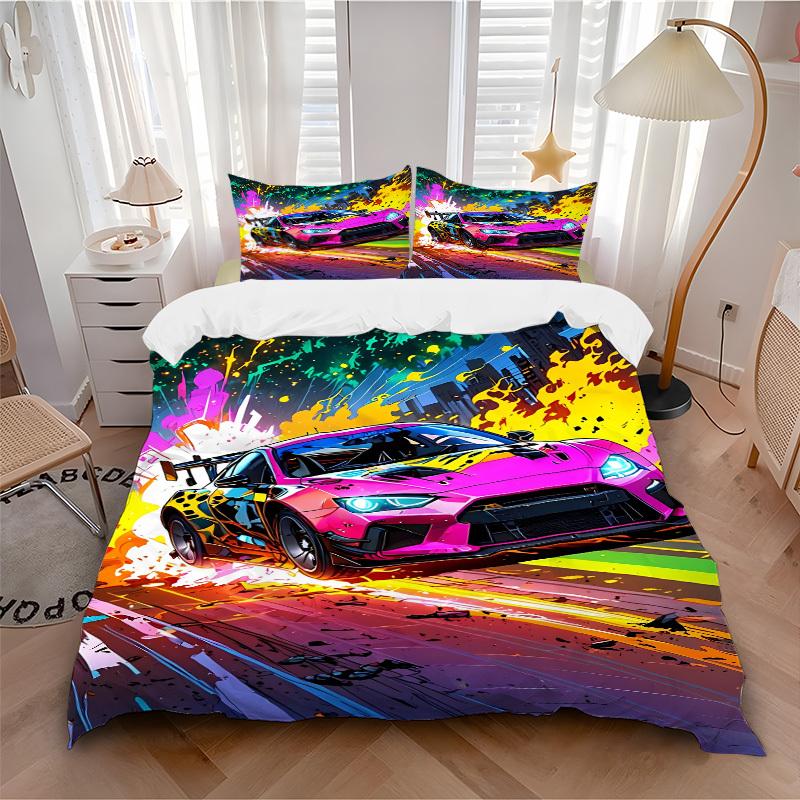 3pcs Racing Car Cover Set, 1 Cover + 2 Pillowcases (No Insert), Bedding for All Seasons, Bedding,Bedroom Decor Yy250922024