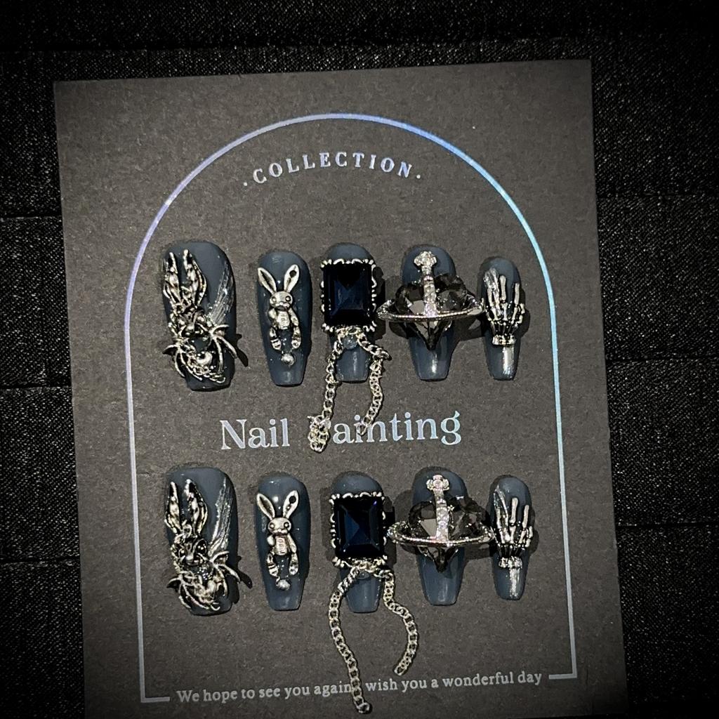 Medium Coffin Press On Nails Square Fake Nails French Tip Glue On Nail with 3D Designs Reusable False Acrylic Nails Full Cover Stick On Nail for Women