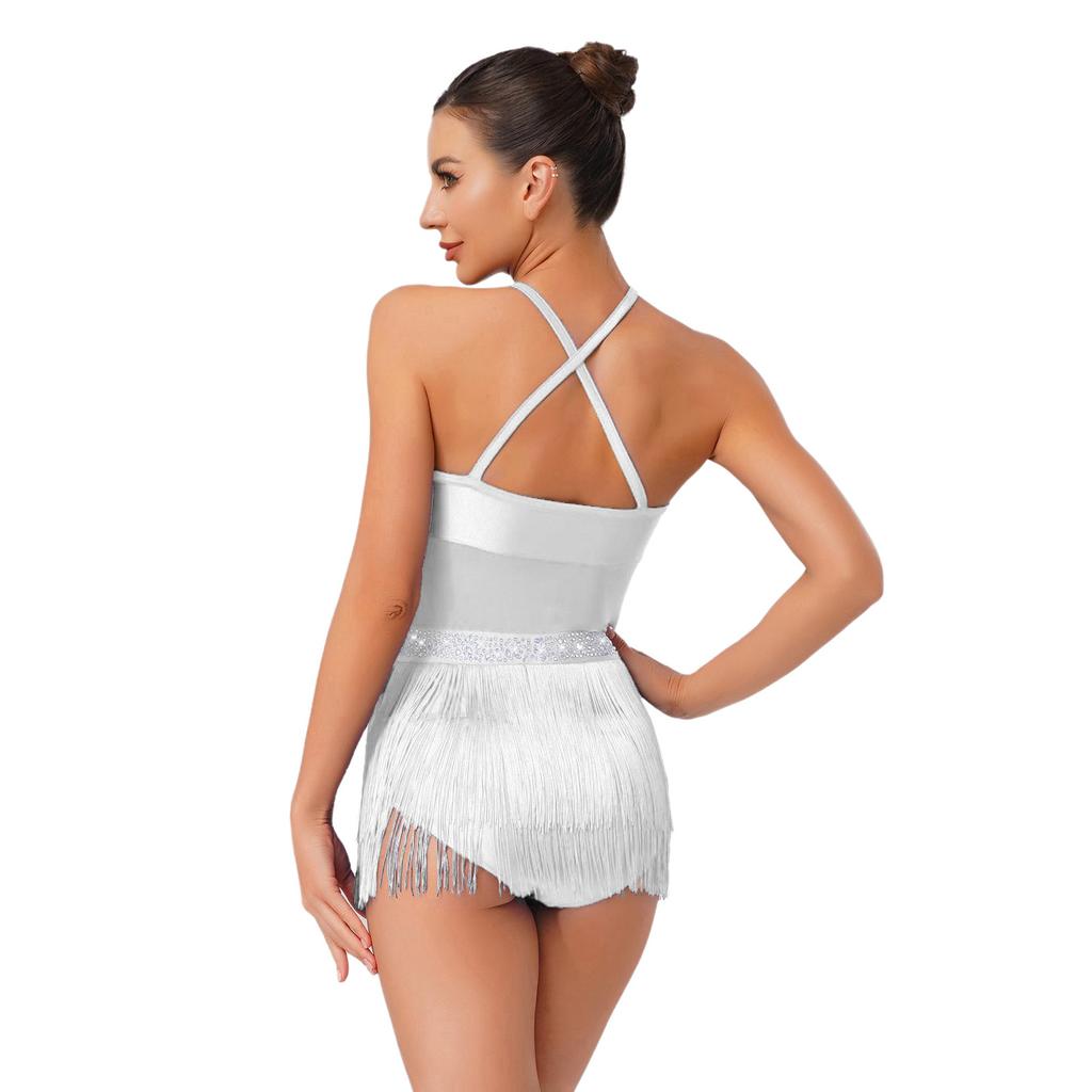 Damen Latein Tanzkleid Transparentes Netz Patchwork Strass Stufenfransen Einteiliger Body