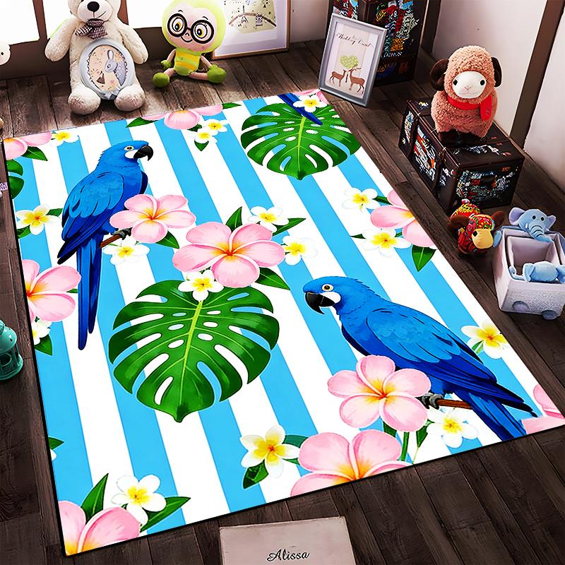 Blue Parrot Tropical Carpet with Flowers and Leaves, Striped Background Suitable for use as an anti-slip for living room bedroom sofas