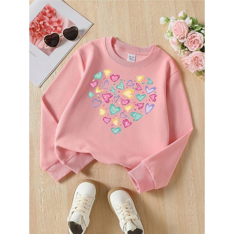 European Sizes Colorful Hearts Love Design Girls' Fashionable Crewneck Sweatshirt, Western Top, Children's Long Sleeved Casual Tee