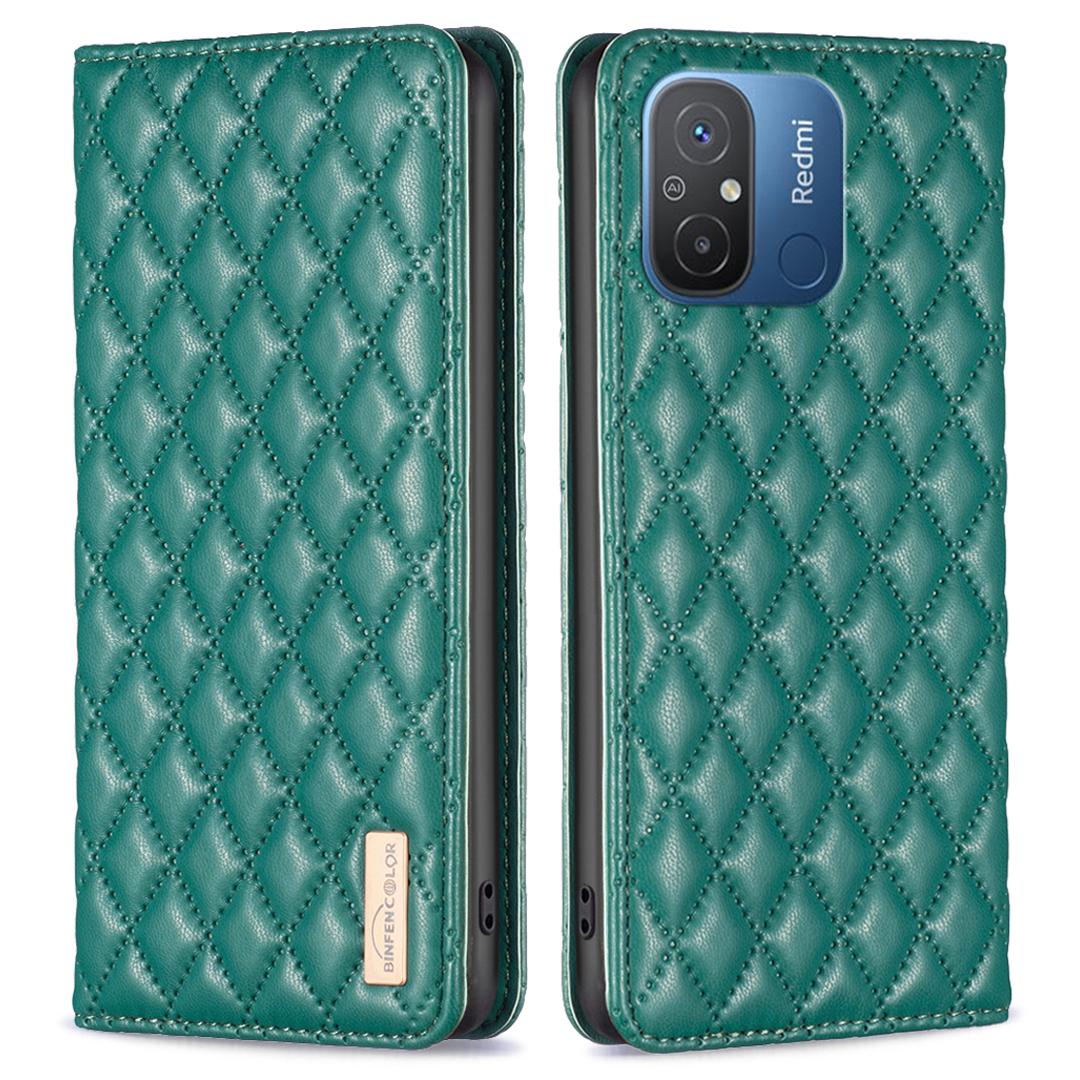 

BINFEN COLOR BF Style-16 For Xiaomi Redmi 12C 4G Imprinted Rhombus PU Leather Case Card Holder Magnetic Absorption Phone Cover Green