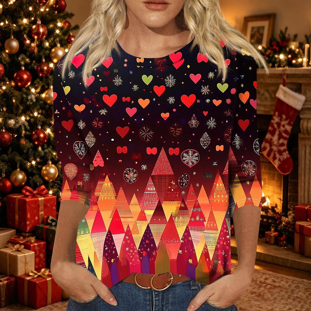 Women's Fashion Casual Christmas Print Three-Quarter Sleeve Neck T-Shirt
