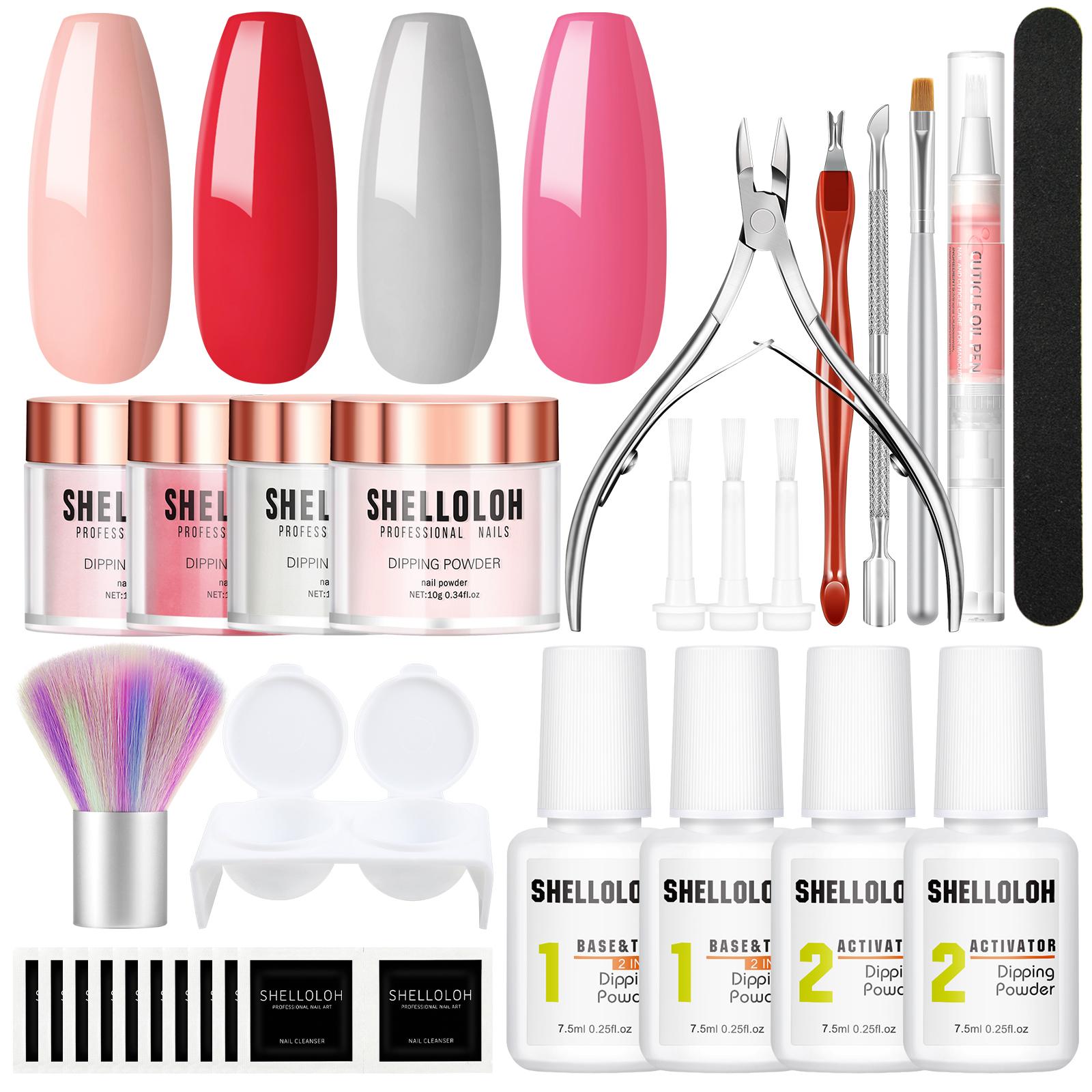 

Shelloloh 4 шт. Набор окунающей пудры Инструменты для дизайна ногтей Маникюр Набор хрустальных блестящих пудр с базовым верхним слоем Порошковый активатор для французского набора ногтей