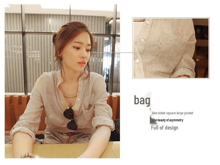 Women's Summer Seven Sleeve Loose Cotton Linen Stand Collar Blouse