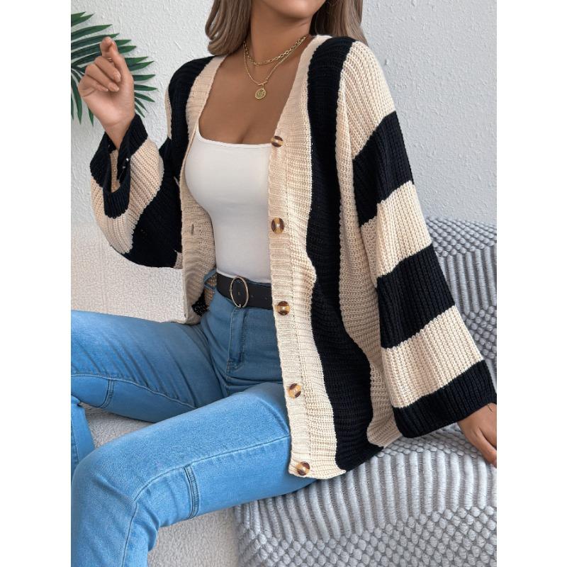 Autumn and Winter Color-blocking Striped Flared Sleeve Cardigan Sweater, Mid-length Coat for Women